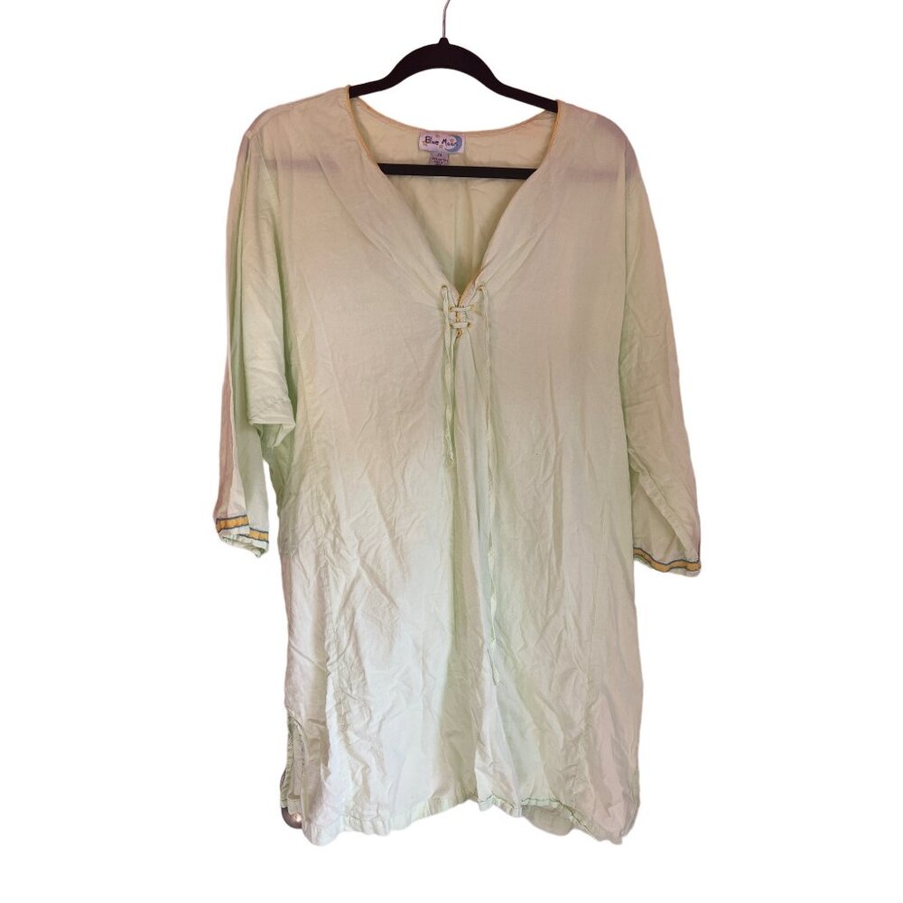 Light Green Blue Moon Cotton Tunic Top With Lace-Up Front & Embroidered Sleeves